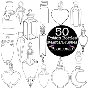 May include: A set of 50 black and white outline illustrations of potion bottles, perfect for digital art and design. The illustrations are labeled "50 Potion Bottles Stamps/Brushes Procreate".