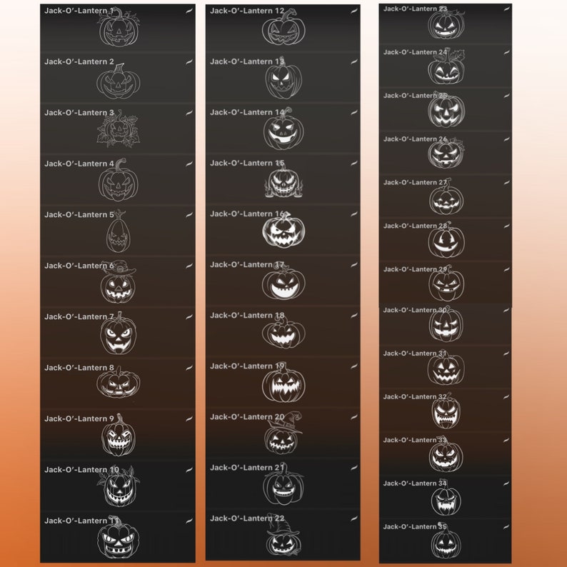 Jack'o Lantern Outline Procreate Brushes: 35 Spooky Pumpkin Stamps ...