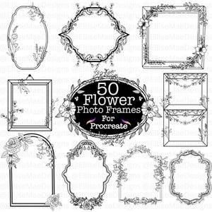 A large 1000+ Procreate Stamp Bundle collage showcasing multiple stamp sets including frames, wreaths, stars, mushrooms, flowers, banners, hearts, doodles, wildflower borders, lockets, fine-line florals, and postage stamps. Black and white digital stamp previews arranged around a bold central title. Ideal for artists, Procreate users, digital planners, and designers looking for a massive stamp collection.