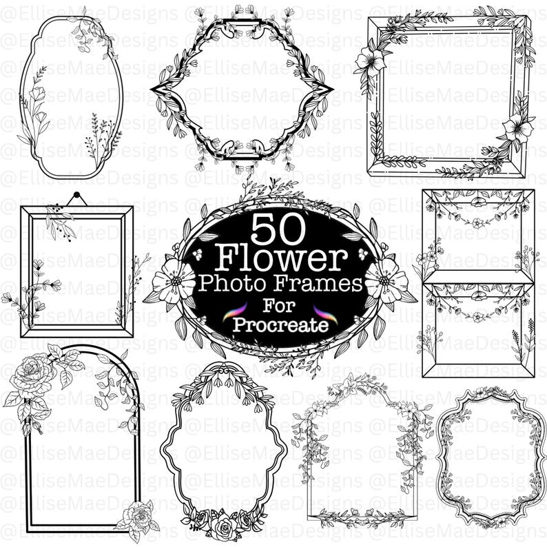 A large 1000+ Procreate Stamp Bundle collage showcasing multiple stamp sets including frames, wreaths, stars, mushrooms, flowers, banners, hearts, doodles, wildflower borders, lockets, fine-line florals, and postage stamps. Black and white digital stamp previews arranged around a bold central title. Ideal for artists, Procreate users, digital planners, and designers looking for a massive stamp collection.