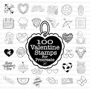 May include: A set of 100 Valentine's Day stamps for Procreate, including heart motifs, dinosaurs, and romantic symbols. The black and white designs are ideal for digital art. The central image reads "100 Valentine Stamps For Procreate".