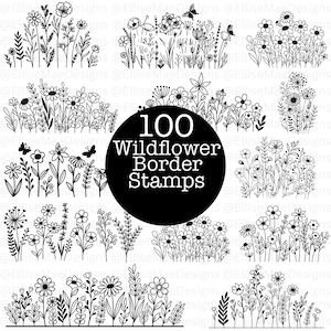 A large 1000+ Procreate Stamp Bundle collage showcasing multiple stamp sets including frames, wreaths, stars, mushrooms, flowers, banners, hearts, doodles, wildflower borders, lockets, fine-line florals, and postage stamps. Black and white digital stamp previews arranged around a bold central title. Ideal for artists, Procreate users, digital planners, and designers looking for a massive stamp collection.