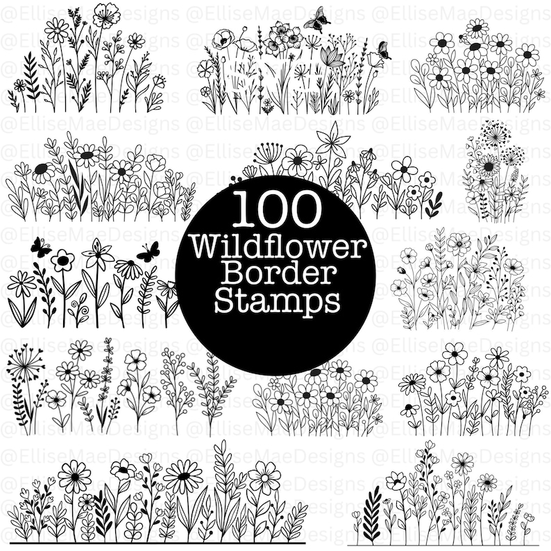 A large 1000+ Procreate Stamp Bundle collage showcasing multiple stamp sets including frames, wreaths, stars, mushrooms, flowers, banners, hearts, doodles, wildflower borders, lockets, fine-line florals, and postage stamps. Black and white digital stamp previews arranged around a bold central title. Ideal for artists, Procreate users, digital planners, and designers looking for a massive stamp collection.