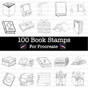 May include: Black and white line art illustrations of various books, including open and closed books, some with bows and floral accents. The text "100 Book Stamps For Procreate" is displayed.