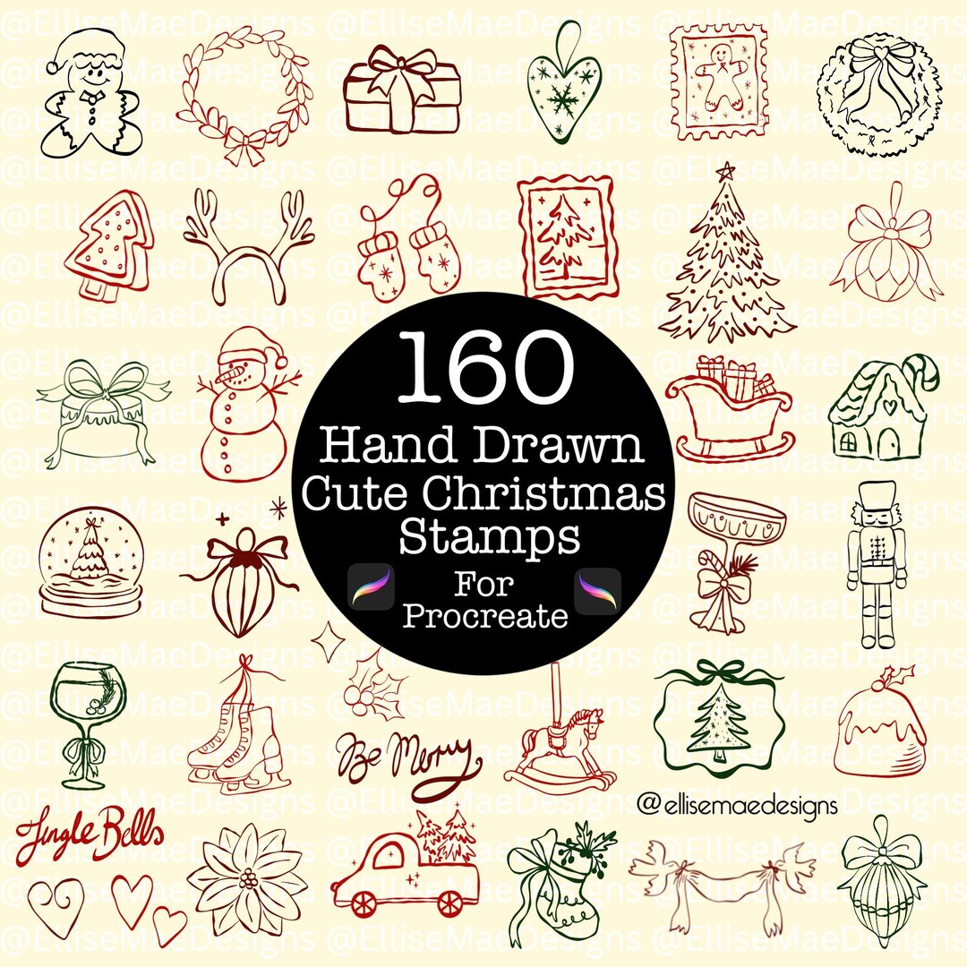 160 Hand Drawn Christmas Procreate Stamps | Holiday Doodles (digital ...