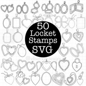 May include: Line art illustration of 50 locket stamps in various shapes, including hearts, ovals, and rectangles. Some lockets are open, revealing interior details. The text "50 Locket Stamps SVG" is in a black circle.
