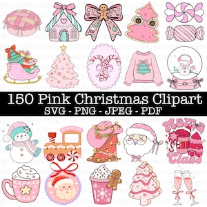 Puede incluir: Una colección de ilustraciones de imágenes prediseñadas navideñas rosas. Las imágenes incluyen una casa de jengibre, un lazo, un árbol de Navidad, caramelos, un trineo, un suéter, una bola de nieve, un muñeco de nieve, un tren, una bota de vaquero, Papá Noel. El texto dice "150 Pink Christmas Clipart".