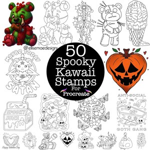 May include: A collection of 50 Spooky Kawaii Stamps for Procreate. The image features various illustrations, including a teddy bear, a jack-o'-lantern, and a cartoon character. The text "Maybe Today" and "Satan" are also visible.