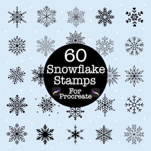 May include: A collection of 60 black snowflake stamps for Procreate, displayed on a light blue background with white dots. The stamps feature various intricate designs, perfect for digital art and winter-themed projects.