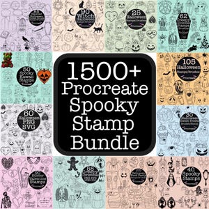 Könnte beinhalten: Eine digitale Sammlung von über 1500 Procreate-Stempeln und Pinseln mit verschiedenen Halloween-, Weihnachts- und Horror-Strichzeichnungen, darunter Kürbisse, Geister, Totenköpfe und festliche Symbole auf farbenfrohen Hintergründen.