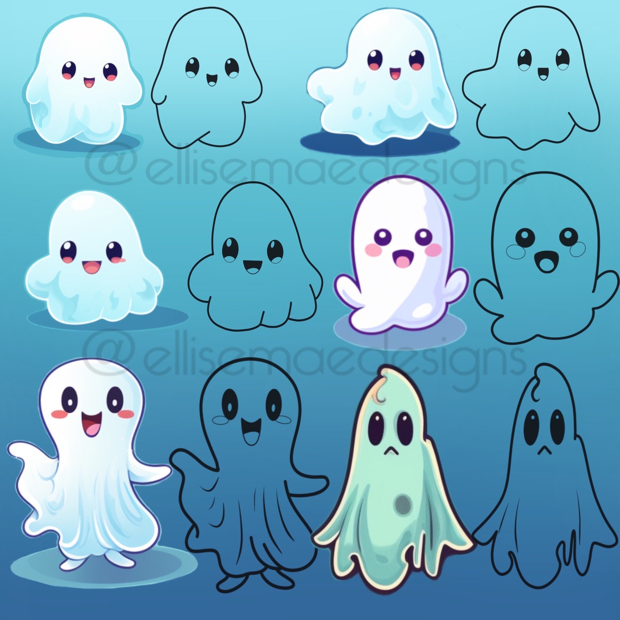 Kawaii Ghost Procreate Stamps • 80 Brush Set + Color Palette (digital ...