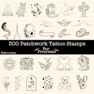 Puede incluir: Ilustraciones en blanco y negro de varios diseños, incluyendo una cruz, flores, un corazón, una bota de vaquero, un tiburón y un cactus. El texto dice "300 Patchwork Tattoo Stamps For Procreate."