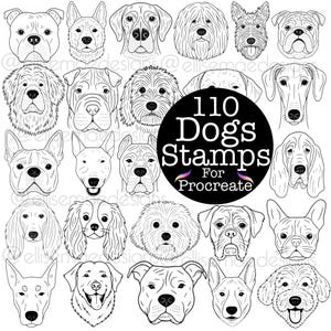 Pode incluir: Desenhos a traço em preto e branco de 20 raças de cães diferentes. A imagem inclui um gráfico circular com o texto "110 Dogs Stamps For Procreate". As ilustrações de cães estão em várias poses e estilos.