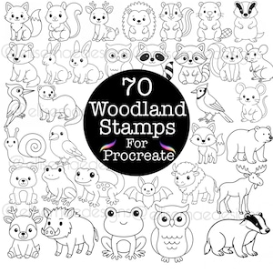 May include: Black and white digital stamps of woodland animals, including a fox, bear, squirrel, and owl. The image includes the text "70 Woodland Stamps For Procreate" in a black circle.