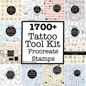 Puede incluir: Un kit de herramientas de arte digital para Procreate con más de 1700 sellos. La imagen presenta varios conjuntos de sellos, incluyendo flores, insectos, pancartas, sellos postales, marcos y garabatos. Los sellos son dibujos lineales en blanco y negro.