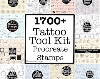 Pacote Mega com mais de 1700 carimbos para tatuagem para Procreate, incluindo carimbos de patchwork, flores de linha fina, insetos, rabiscos, molduras, banners e folhas de desenhos.