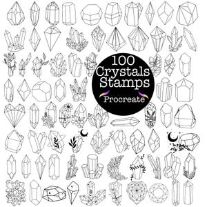 Może przedstawiać: Zestaw 100 czarno-białych stempli z kryształami do Procreate. Stempelki przedstawiają różne kształty i wzory kryształów, w tym formy geometryczne, organiczne i abstrakcyjne.