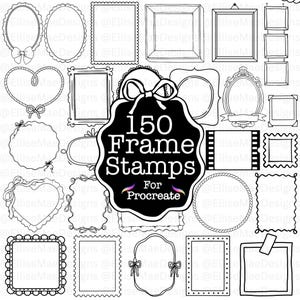 Peut inclure: Une collection de 150 tampons de cadres pour Procreate, de formes et de styles variés. Comprend des cadres ovales, carrés, en forme de cœur et rectangulaires, certains avec des nœuds et des bords décoratifs. L'image est en noir et blanc.