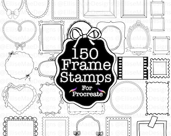 May include: A collection of 150 frame stamps for Procreate, in various shapes and styles. Includes oval, square, heart, and rectangular frames, some with bows and decorative edges. The image is in black and white.