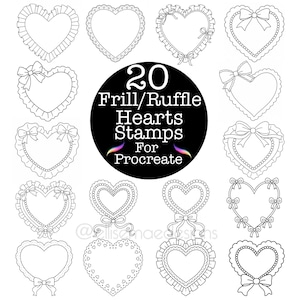 May include: 20 black and white frill and ruffle heart stamps for Procreate. The hearts are outlined with a variety of frills and ruffles.