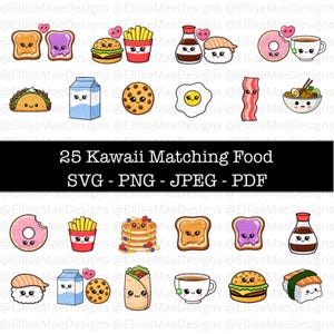 Op de afbeelding: Een verzameling van 25 kawaii-stijl voedselillustraties, waaronder toast, sushi, hamburgers en donuts. Elk voedselitem heeft een schattig, lachend gezicht. De tekst "25 Kawaii Matching Food SVG - PNG - JPEG - PDF" wordt weergegeven.