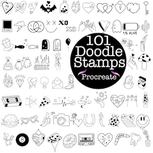 A large 1000+ Procreate Stamp Bundle collage showcasing multiple stamp sets including frames, wreaths, stars, mushrooms, flowers, banners, hearts, doodles, wildflower borders, lockets, fine-line florals, and postage stamps. Black and white digital stamp previews arranged around a bold central title. Ideal for artists, Procreate users, digital planners, and designers looking for a massive stamp collection.