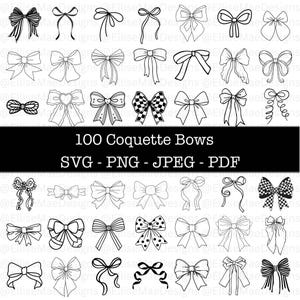 Könnte beinhalten: Schwarz-Weiß-Bild mit 100 Coquette-Schleifendesigns in verschiedenen Stilen. Der Text "100 Coquette Bows SVG - PNG - JPEG - PDF" ist ebenfalls enthalten.