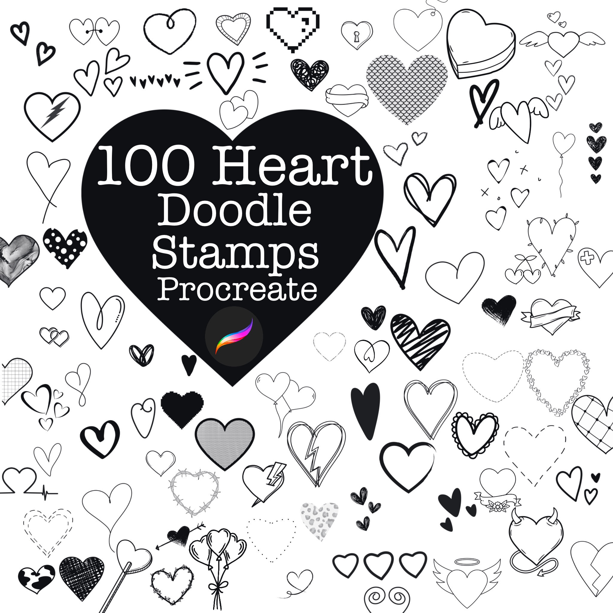Procreate Heart Stamps Brush Set – 100 Hand‑Drawn Love, Doodle & Tattoo Heart Shapes