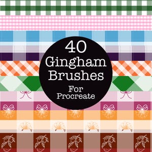 May include: A digital art graphic showcasing 40 gingham brushes for Procreate. The image presents diverse gingham patterns in green, pink, blue, purple, orange, and other colours. A black circle in the centre displays the text "40 Gingham Brushes For Procreate."