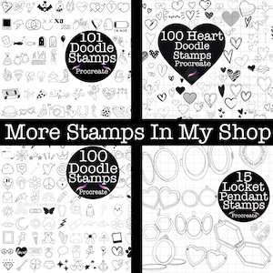 May include: A digital art collection featuring four panels of doodle stamps for Procreate. The stamps include hearts, lockets, and various other designs. Text on the image reads "101 Doodle Stamps", "100 Heart Doodle Stamps", "100 Doodle Stamps", and "15 Locket Pendant Stamps".