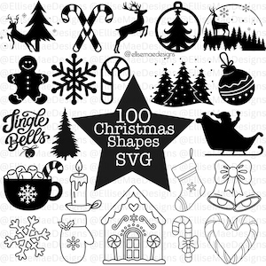 Puede incluir: Una colección de 100 formas navideñas en formato SVG. La imagen presenta varias ilustraciones temáticas navideñas, incluyendo árboles de Navidad, bastones de caramelo, copos de nieve, renos, hombres de jengibre, adornos y Papá Noel en trineo. Todos los diseños son en blanco y negro.