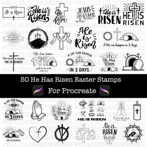 May include: A digital collection of 50 black and white Easter-themed stamps for Procreate, featuring various illustrations of crosses, crowns of thorns, empty tombs, praying hands, and candles, accompanied by religious text like He is Risen.