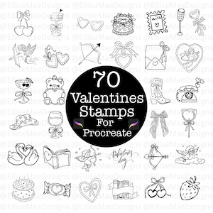 Op de afbeelding: Zwart-wit illustraties van stempels met Valentijnsdag thema. De afbeelding bevat harten, strikken, taarten, cupido's en de tekst "70 Valentines Stamps For Procreate".