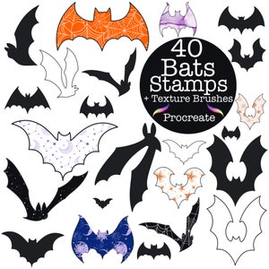 May include: A set of 40 bat stamps and texture brushes for Procreate. The stamps feature various bat silhouettes with different patterns, including stars, moons, and spiderwebs. The brushes are designed to add texture to digital art.
