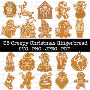 Könnte beinhalten: Eine Sammlung von 35 gruseligen Weihnachts-Lebkuchen-Designs in den Formaten SVG, PNG, JPEG und PDF. Die Designs umfassen Lebkuchen-Skelette, Geister und andere Halloween-Themen. Der Text lautet "35 Creepy Christmas Gingerbread".