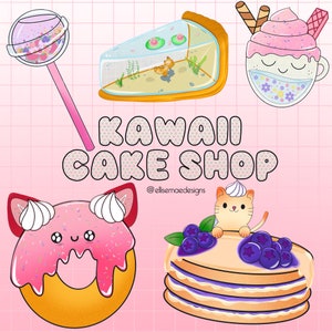 Könnte beinhalten: Kawaii Cake Shop Logo mit einem rosa und weißen Donut mit Streuseln, einem Pfannkuchenstapel mit Blaubeeren, einem Fischbowl-Kuchen, einem rosa und weißen Schlagsahne-Getränk und einem Lollipop mit bunten Streuseln.
