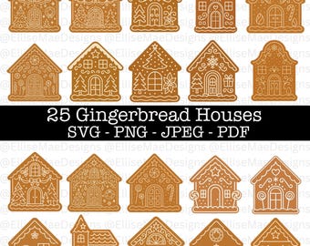 Puede incluir: Una colección de 25 diseños de casas de jengibre, cada una con detalles de glaseado blanco sobre un fondo marrón. Las casas varían en estilo, con puertas, ventanas y decoraciones festivas. El texto dice: "25 Gingerbread Houses SVG - PNG - JPEG - PDF".