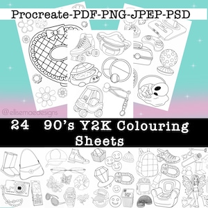 May include: Black and white line drawings of 90s and Y2K themed objects, including roller skates, a fanny pack, a video game console, and a baby car. The text "24 90's Y2K Colouring Sheets" is displayed. The image is designed for coloring.