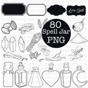 May include: Black and white line art digital download featuring various spell jar ingredients and containers. Includes crystals, herbs, spices, and bottles. The text "80 Spell Jar PNG" is in the center. Also includes labels with the text "Love Spell".