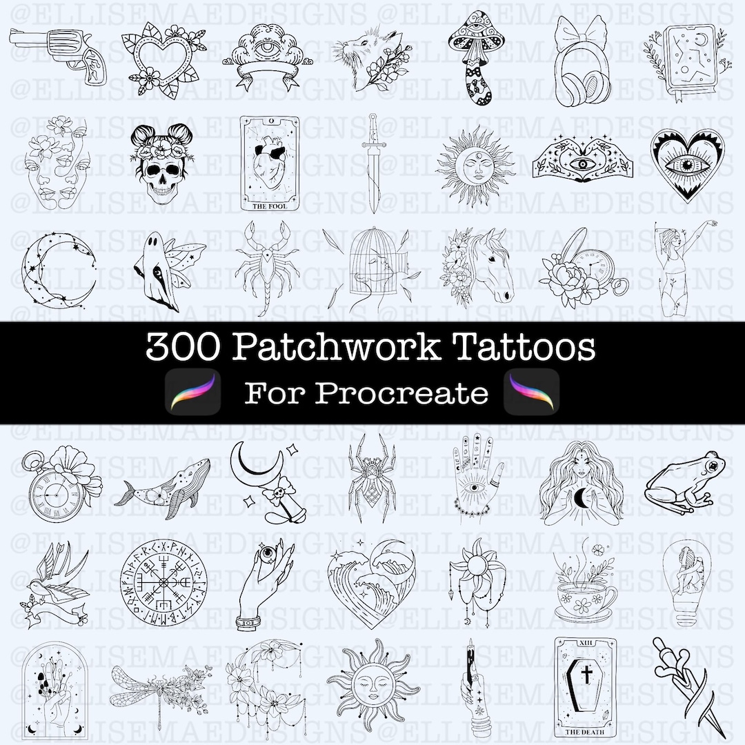 300 Patchwork Tattoo Designs for Procreate | Fine Line Flash Brush Set ...