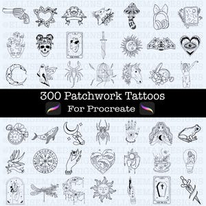 300 Patchwork Tattoo Designs for Procreate | Fine Line Flash Brush Set (Digital Download)
