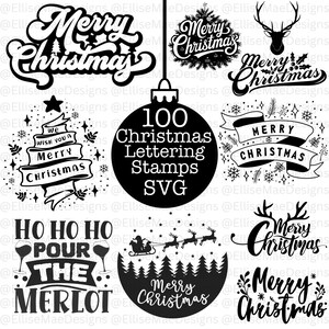 May include: A collection of black and white Christmas-themed SVG designs. The designs include various "Merry Christmas" text styles, a reindeer silhouette, and festive illustrations. One design features the text "100 Christmas Lettering Stamps SVG".