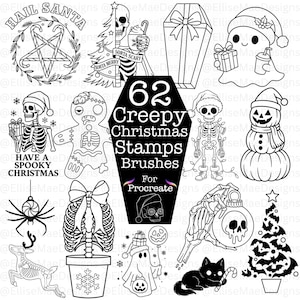 May include: A monochrome digital artwork showcasing various spooky Christmas illustrations. Depicts skeletons, ghosts, a coffin, and a black cat. Text reads "62 Creepy Christmas Stamps Brushes For Procreate."