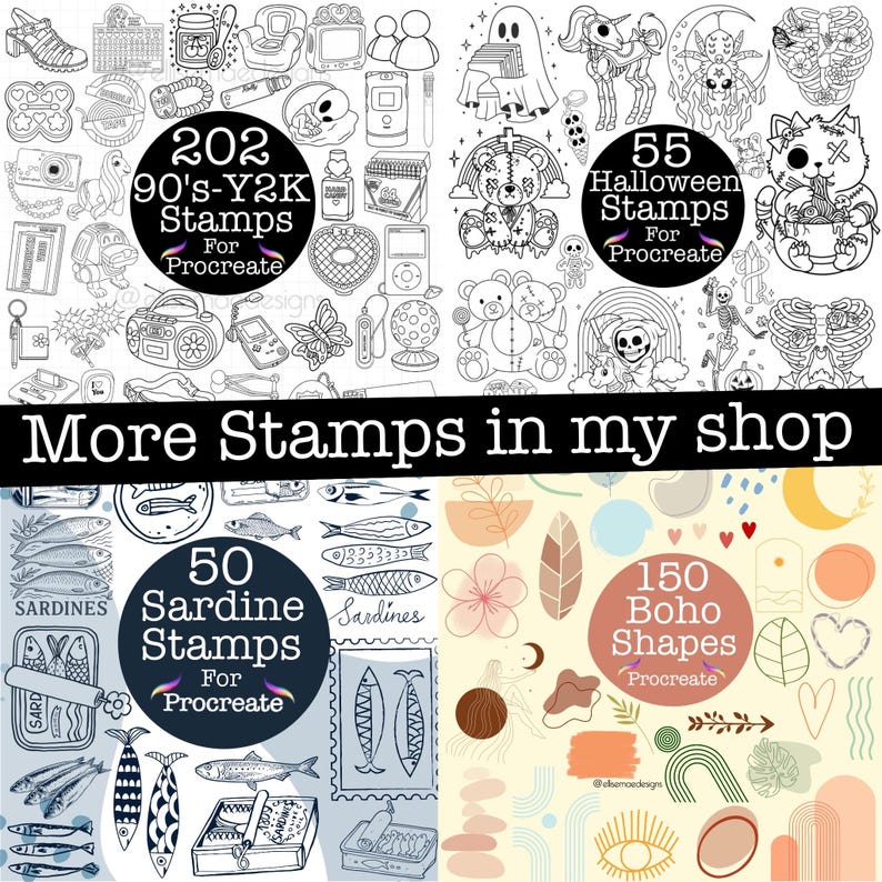May include: Digital stamps for Procreate, featuring a variety of themes. Includes 202 Y2K stamps, 55 Halloween stamps, 50 sardine stamps, and 150 boho shapes. The image has the text "More Stamps in my shop".