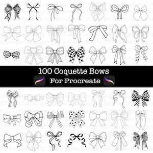 Può includere: Illustrazione digitale di 100 modelli di fiocchi coquette in bianco e nero. I fiocchi variano nello stile, alcuni presentano motivi come pois e scacchi. Il testo recita "100 Coquette Bows For Procreate".