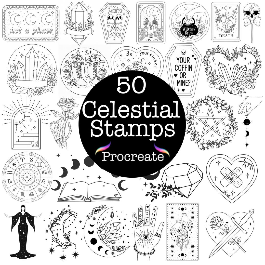 50 Procreate Brushes Stamps • Celestial Witch Halloween • Digital ...
