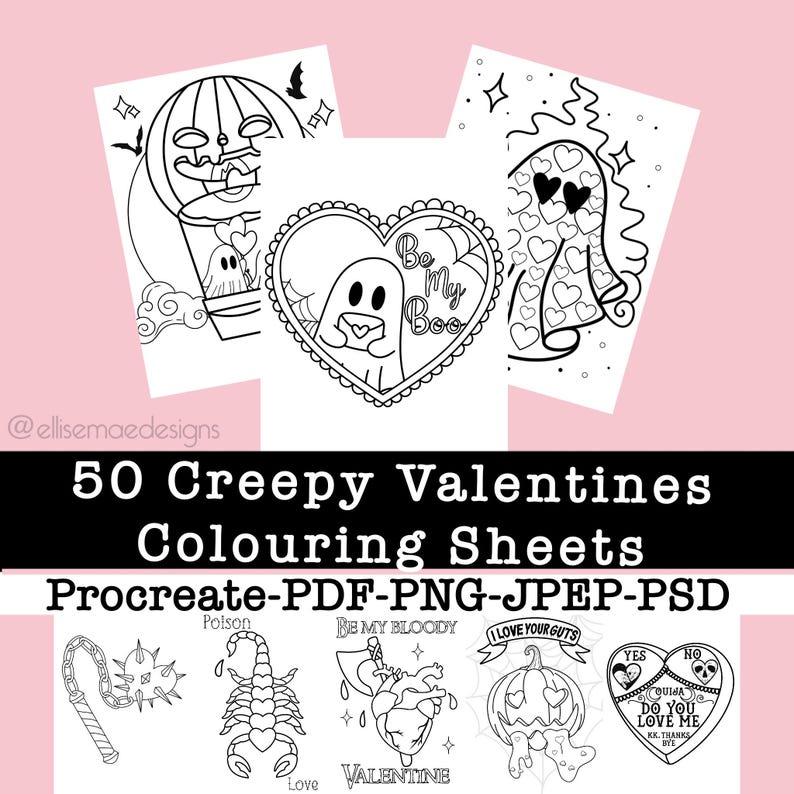 Horror Valentine Coloring Pages: 50 Spooky Illustrations (digital