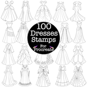 以下が含まれることがあります： さまざまなドレスの線画イラストのコレクション。画像には、「100 Dresses Stamps For Procreate」というテキストが入った黒い円が含まれています。ドレスは、ボールガウン、シースドレス、中世風ガウンなど、さまざまなスタイルです。