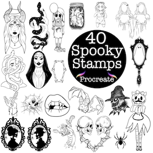 Może przedstawiać: Zestaw 40 upiornych stempli do Procreate, z różnymi ilustracjami o tematyce Halloween, w tym duchami, nietoperzami, czaszkami i nie tylko.