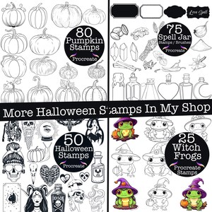 Puede incluir: Conjunto de sellos digitales con ilustraciones tem&aacute;ticas de Halloween. Incluye sellos de calabazas, sellos de frascos de hechizos, sellos de ranas brujas y otros dise&ntilde;os espeluznantes. El texto dice "80 Pumpkin Stamps", "75 Spell Jar Stamps", "50 Halloween Stamps" y "25 Witch Frogs".